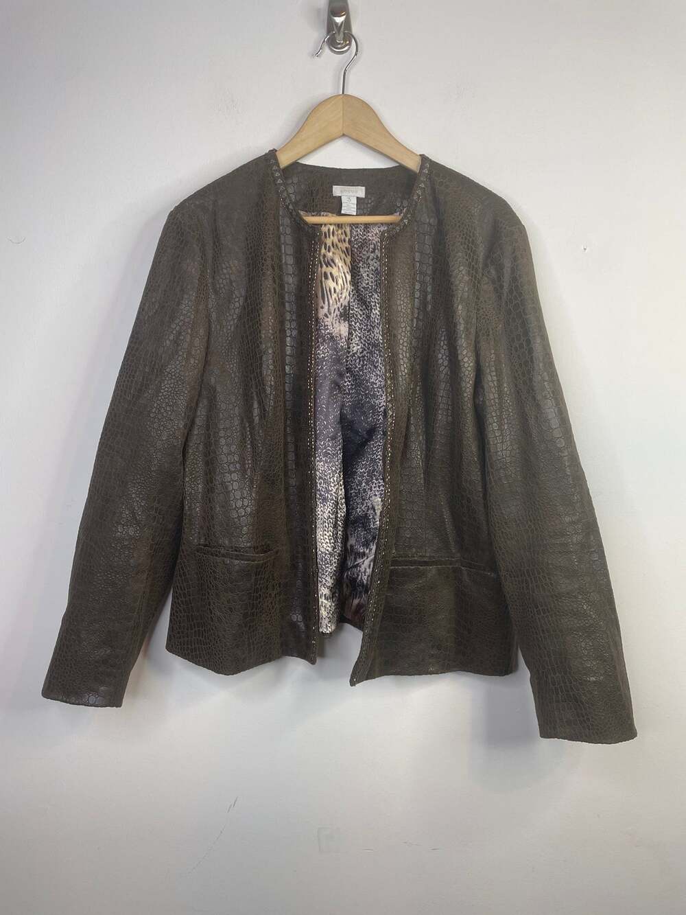 Chicos Faux Leather Croc Embossed Brown Beaded Short Jacket Mob Wife women 3 XL